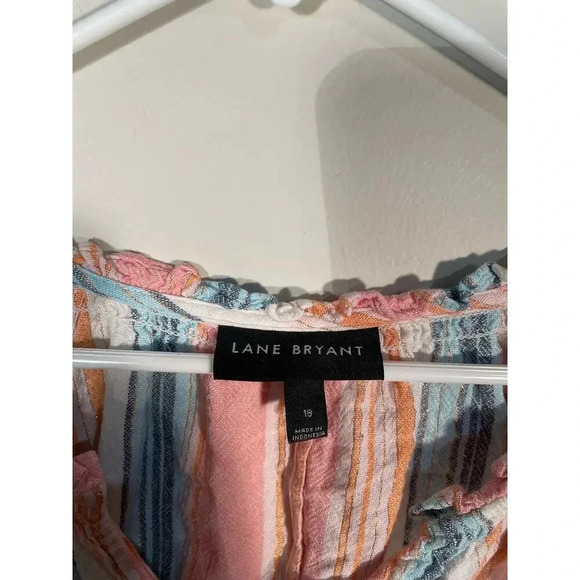 Lane Bryant Pink and Blue Striped Linen Blend Button Front Top - Picture 8 of 9